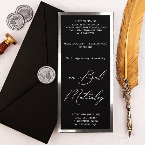 Pozłacane zaproszenia na studniówkę bal maturalny na czarnym papierze - Silver Black Prom